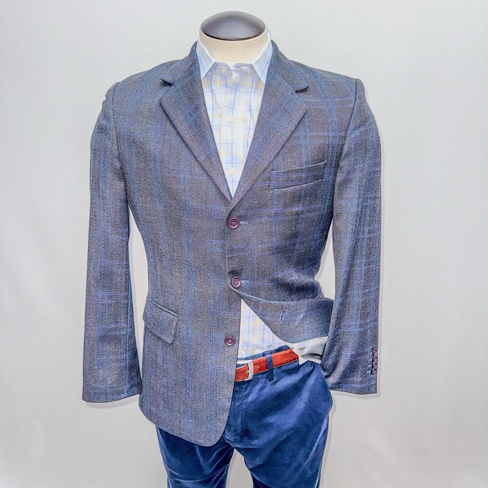 Via Veneto Mens 36 Grey Blue Plaid 100% Wool 3 Button Blazer Jacket Brazil